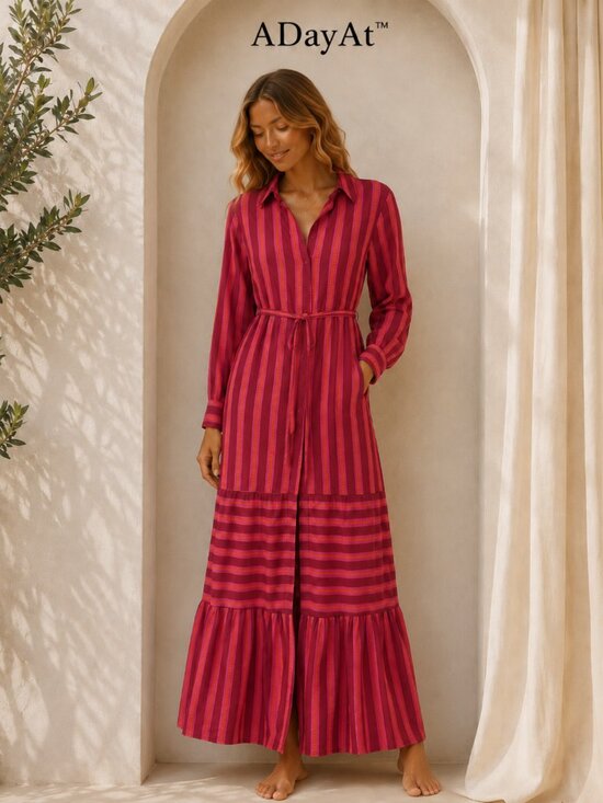 Sugarlips Dresses & Skirts - SugarLips Pink Magenta Belted Maxi Dress Size S Long Sleeve Tiered Shirt Dress